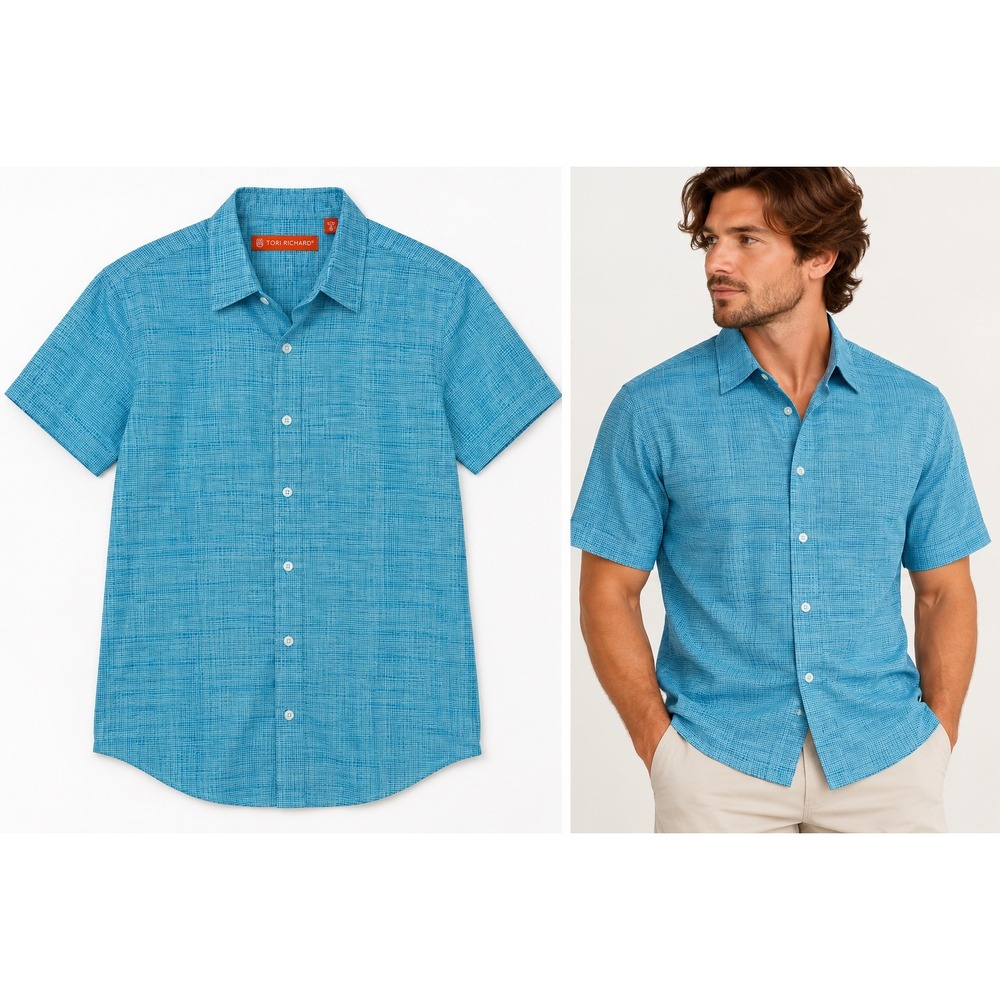 Tori Richard Men's Small Hawaiian Shirt Blue Aqua Geometric Made in Hawaii USA